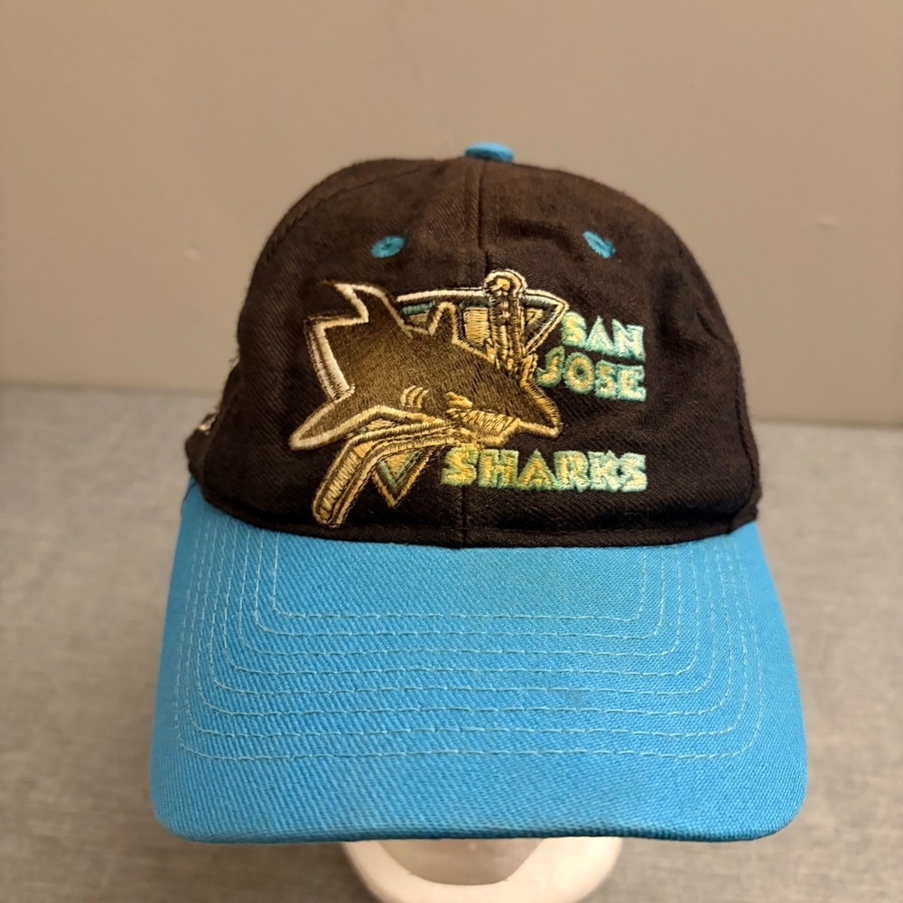 Logo 7 San Jose Sharks Hat Mens OSFA Black Teal Vintage 90s‎ NHL Snapback Cap